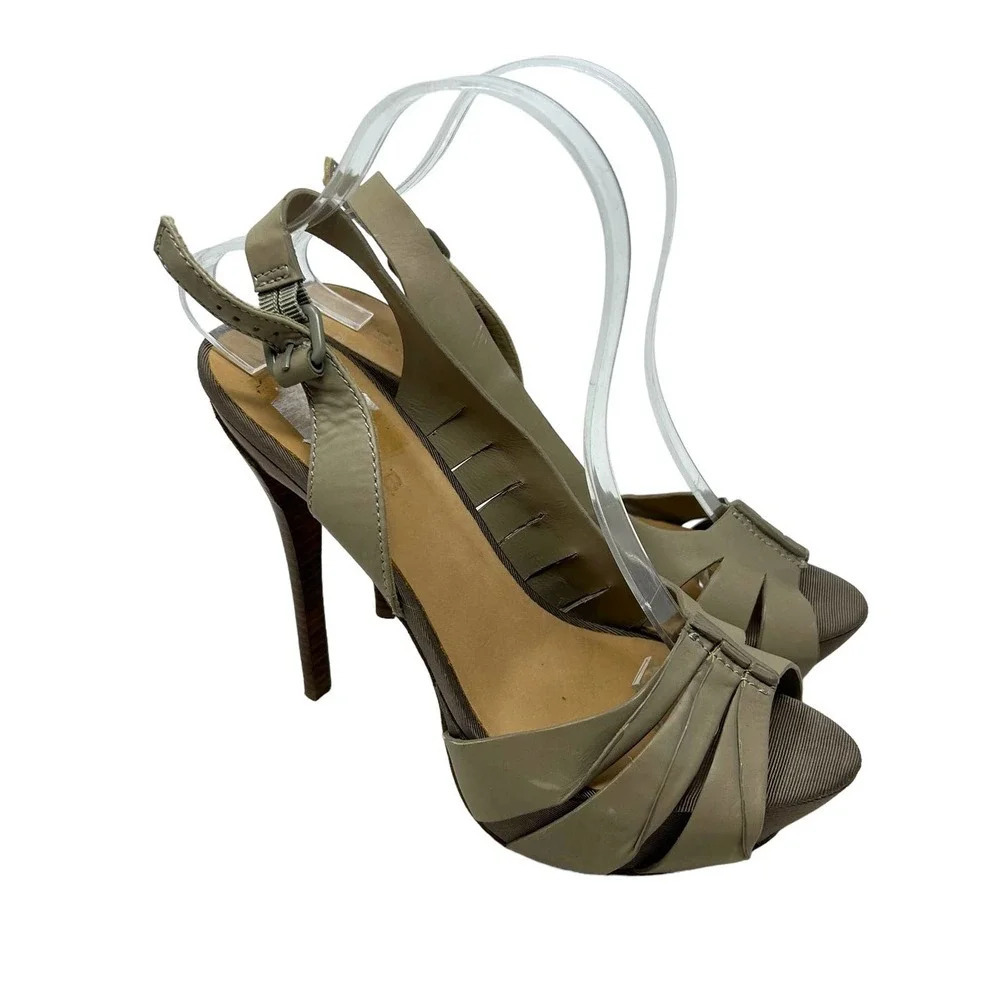 L.A.M.B. Kam‎ Taupe Platform Slingback Wooden Heels Sandals Size 9.5